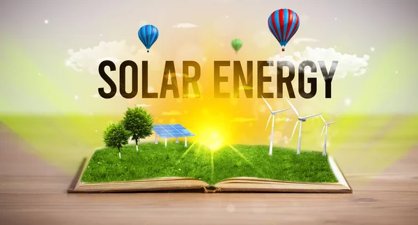 Відкрита Книга Написом Solar Energy Концепція Відновлюваної Енергетики — стокове фото