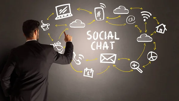 Businessman Drawing Social Media Icons Social Chat Inscription New Media — Stok fotoğraf