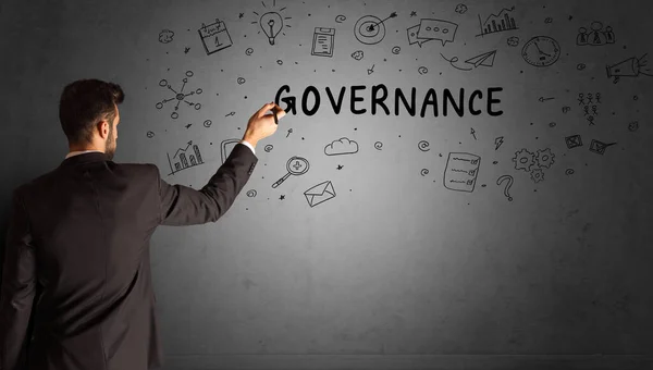 Zakenman Het Tekenen Van Een Creatief Idee Schets Met Governance — Stockfoto