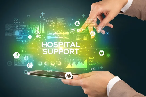 Close Van Een Touchscreen Met Hospital Support Inscriptie Medisch Concept — Stockfoto