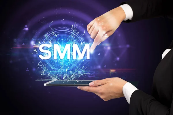 Close Touchscreen Smm Abbreviation Modern Technology Concept — Stock Photo, Image