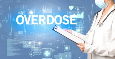 Genç doktor OVERDOSE yazıtları, sağlık konsepti ile notlar yazıyor