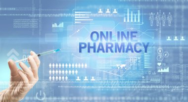 Doktorların yakından bakınca, ellerinde şırınga tutan beyaz bir eldiven içinde ONLINE PHARMACY yazıtları, sağlık hizmetleri ve tıbbi konsept olan