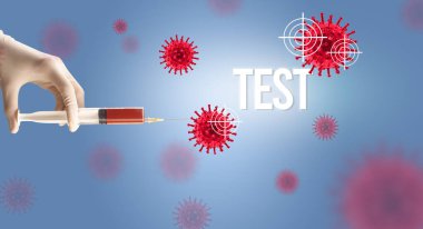 Doktorların yakından görüntüsü beyaz bir eldiven içinde ellerinde şırıngayla TEST yazıları, koronavirüs panzehiri konsepti.