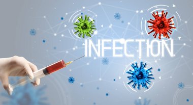 Şırınga, elinde INFECTION yazısıyla tıbbi enjeksiyon, koronavirüs aşısı konsepti