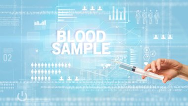 Doktorların yakın plan görüntüsü elinde şırınga olan beyaz bir eldiven içinde kan örneği, sağlık ve tıbbi konsept içeriyor.