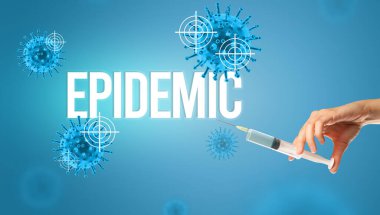 Doktorların yakın plan görüntüsü elinde EPIDEMIC yazıtları, koronavirüs panzehiri konsepti olan bir şırınga tutan beyaz bir eldiven tutuyor.