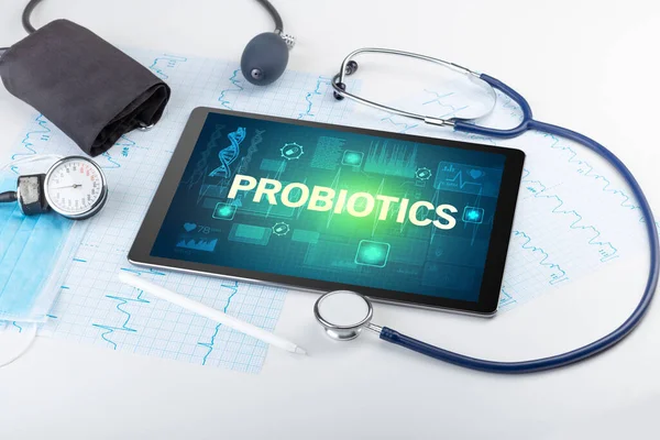 Tablet Und Medizinisches Zeug Mit Probiotics Aufschrift Präventionskonzept — Stockfoto