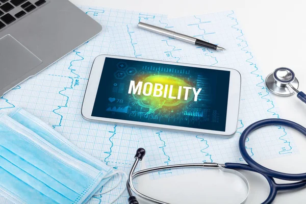 Tablet Medical Tools Mobility Inscription Social Distancing Concept — Stock Photo, Image