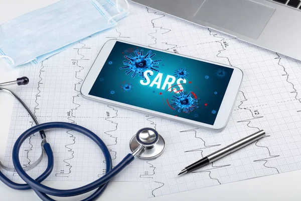 Tablet Doctor Tools White Surface Sars Inscription Pandemic Concept — Stock Photo, Image