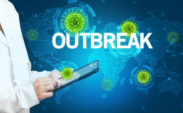 Médico Preenche Prontuário Com Inscrição Outbreak Conceito Virologia — Fotografia de Stock