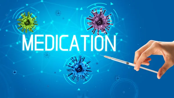 Шприц Медицинская Инъекция Сочетании Надписью Medication Концепция Коронавирусной Вакцины — стоковое фото