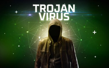 TROJAN VIRUS yazıtlı gizemli hacker, çevrimiçi saldırı konsepti yazıt, çevrimiçi güvenlik kavramı