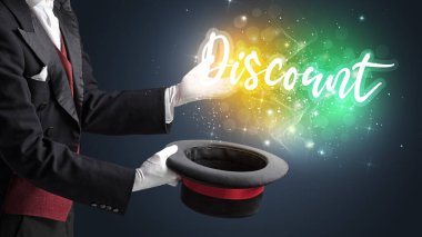 Sihirbaz sihirli değnek ve indirimli el yazısı, alışveriş konsepti