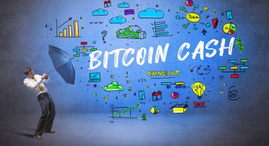 BITCOIN CASH yazıtlarıyla şemsiyenin arkasına saklanan kararlı işadamı, yeni iş konsepti