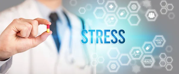 Primer Plano Médico Que Una Píldora Con Inscripción Stress Concepto — Foto de Stock