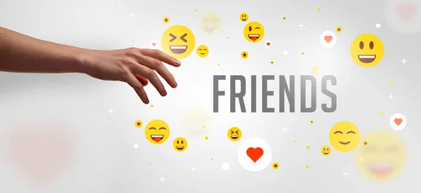 Close Cropped Hand Pointing Friends Inscription Social Media Concept — Stock Photo, Image