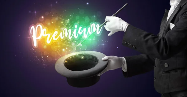 Goochelaar Hand Toveren Met Toverstaf Premium Inscriptie Shopping Concept — Stockfoto