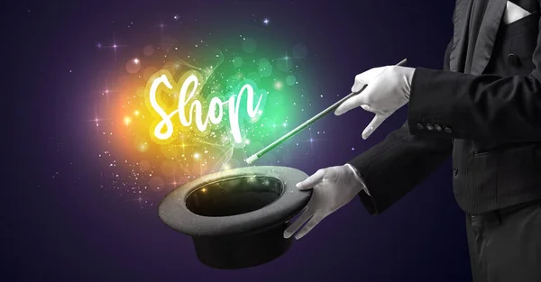 Magician Hand Conjure Wand Shop Inscription Shopping Concept — Stock Photo, Image