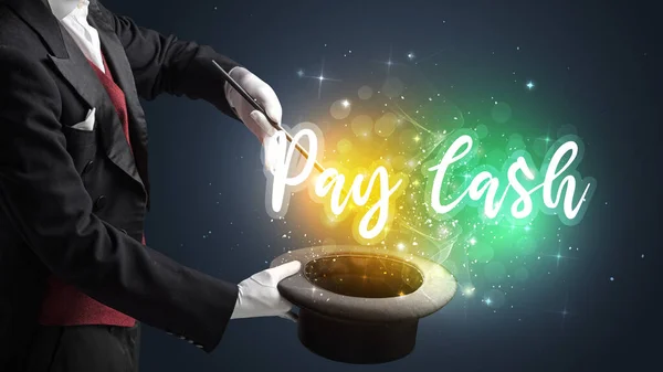 Zauberer Zaubern Mit Zauberstab Und Pay Cash Aufschrift Einkaufskonzept — Stockfoto