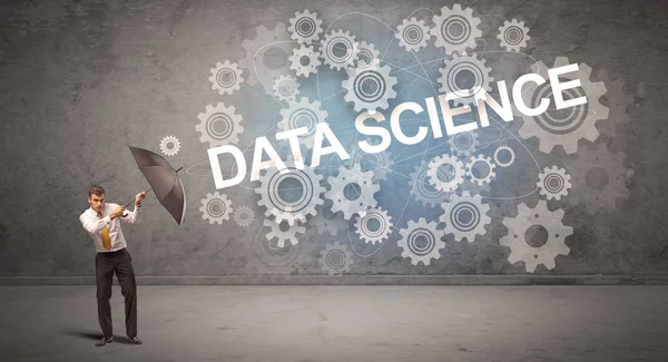 Zakenman Verdedigen Met Paraplu Van Data Science Inscriptie Technologie Concept — Stockfoto