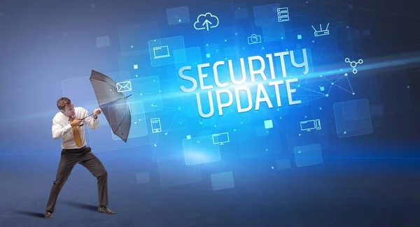 Businessman Defending Umbrella Cyber Attack Security Update Inscription Online Security — Stock Photo, Image