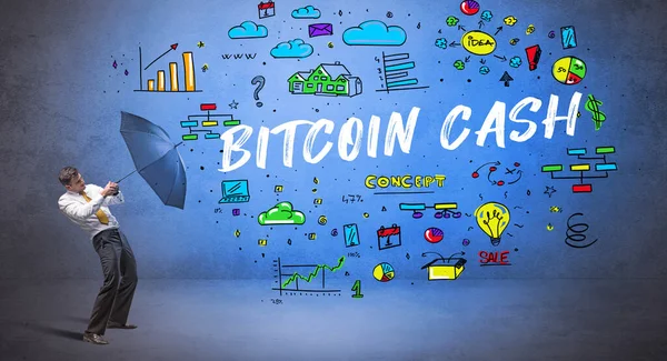 Bitcoin Cash Yazıtlarıyla Şemsiyenin Arkasına Saklanan Kararlı Işadamı Yeni Konsepti — Stok fotoğraf