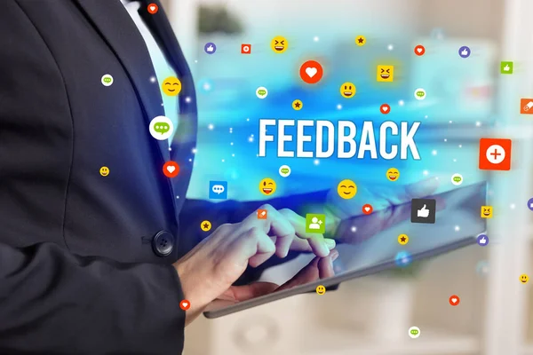 Close Business Person Playing Multimedia Social Media Icons Feedback Inscription — Stock Photo, Image