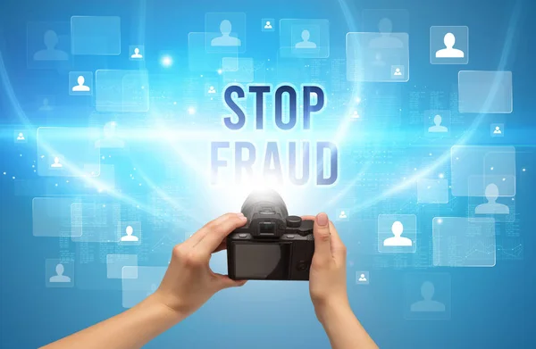 Close Van Handcamera Met Stop Fraud Inscriptie Videobewakingsconcept — Stockfoto
