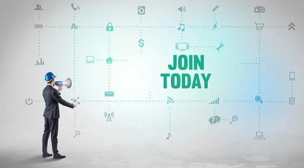 Engineer working on a new social media platform with JOIN TODAY inscription concept