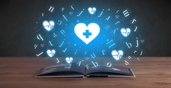 stock image Open medical book with healthcare icons above, global health concept