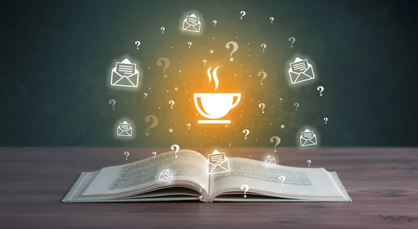 Open book with coffee icons above, new business concept