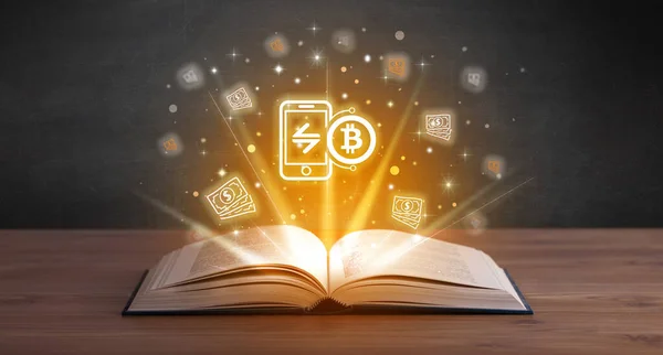 Open book with bitcoin app icons above, currency exchange concept