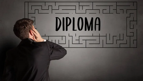 Zakenman Tekening Doolhof Met Diploma Inscriptie Business Education Concept — Stockfoto