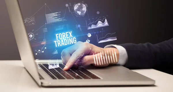 Businessman Working Laptop Forex Trading Inscription New Business Concept — Stock Photo, Image