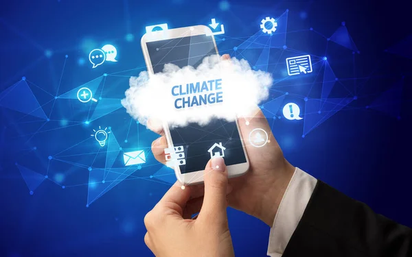 Γυναικείο Κινητό Τηλέφωνο Επιγραφή Climate Change Cloud Technology Concept — Φωτογραφία Αρχείου