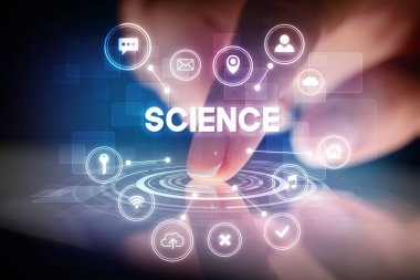 Web teknolojisi simgeleri ve Bilimsel yazıtlarla tablete dokunmak, web teknolojisi kavramı