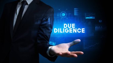 İş adamının elinde Diligence yazıtları, iş başarısı kavramı var.