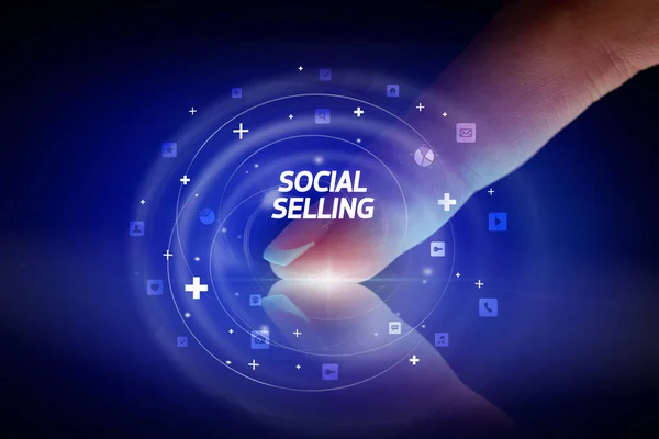 Finger Touching Tablet Social Media Icons Social Selling — Stock Photo, Image
