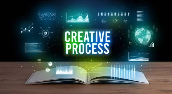 CREATIVE PROCESS inscription coming out from an open book, creative business concept