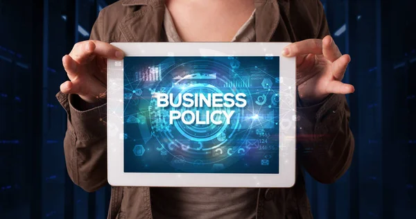 Jonge Zakenman Werkt Tablet Toont Inscriptie Business Beleid Business Concept — Stockfoto