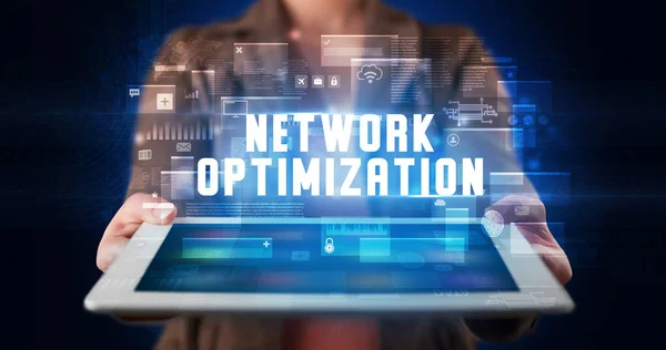 Young Business Person Working Tablet Shows Digital Sign Network Optimization — Stock Photo, Image
