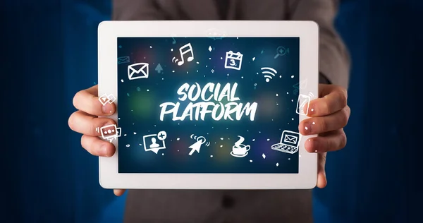Young Business Person Working Tablet Shows Inscription Social Platform — Stock Photo, Image