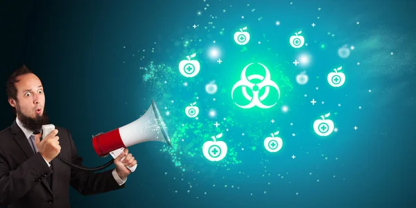 Young Person Shouting Megaphone Biohazard Icon Medical Concept — Stock Photo, Image