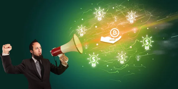 Young Person Yelling Megaphone Giving Bitcoin Icon Currency Exchange Concept — Stock Photo, Image