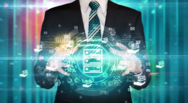 Businessman Holding Data Servers Icon His Hands Multiple Technology Symbols — Stock Photo, Image