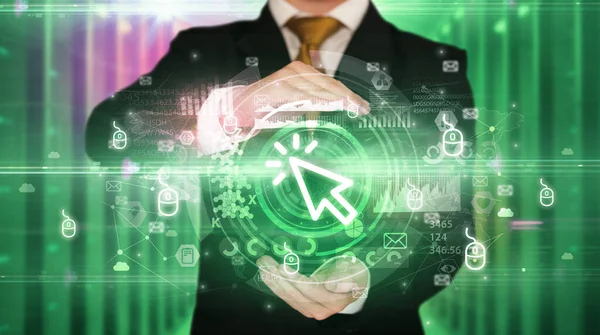 Businessman Holding Cursor Icon His Hands Multiple Technology Symbols — Stock Photo, Image