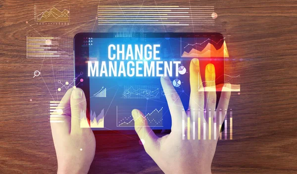 Close Hands Holding Tablet Change Management Inscription Modern Business Concept — Stock Photo, Image