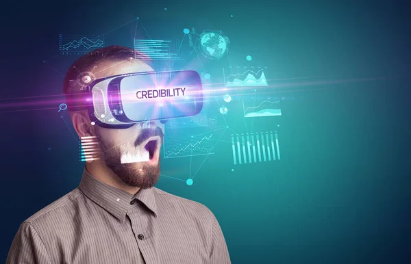 Podnikatel Prohlíží Brýle Virtual Reality Nápisem Důvěryhodnosti Nový Obchodní Koncept — Stock fotografie
