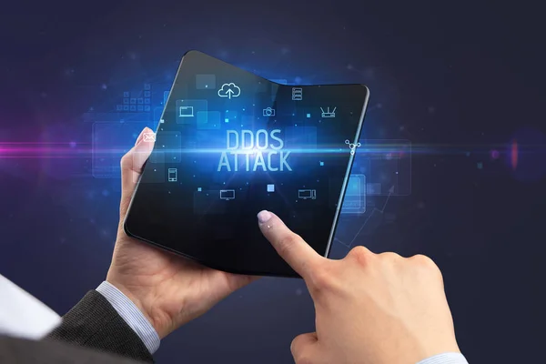 Businessman Holding Foldable Smartphone Ddos Attack Inscription Cyber Security Concept — Stock Photo, Image
